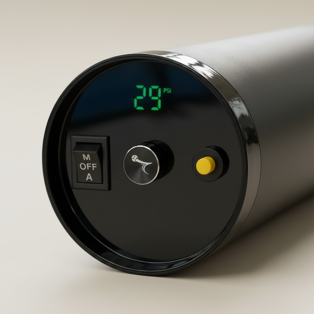 Écran digital du VOLV'AIR affichant 29 PSI, avec bouton marche/arrêt