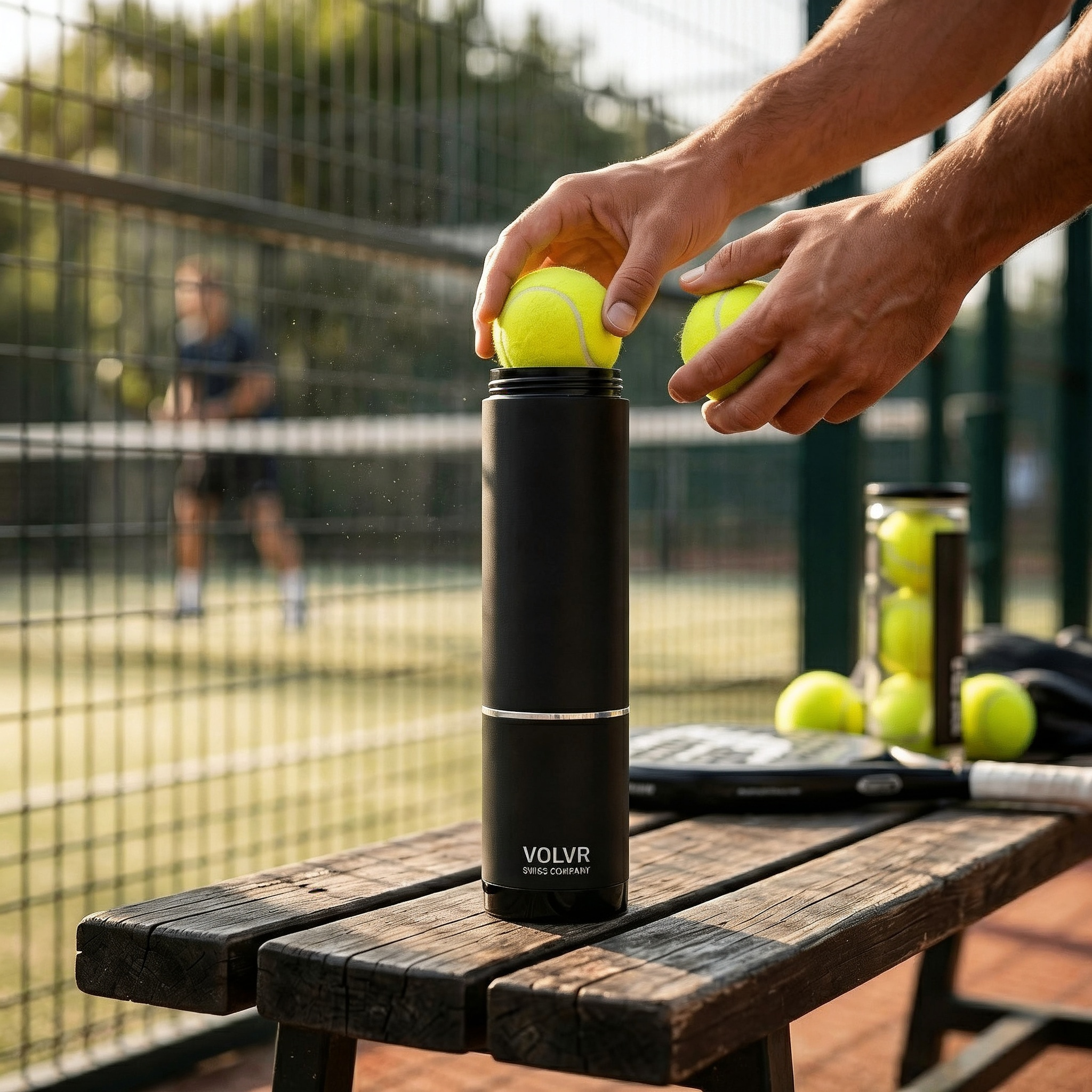 Main insérant des balles de padel dans le pressurisateur VOLV'AIR, au bord du court Image