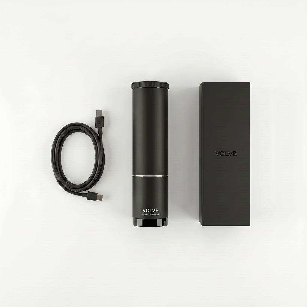 Contenu du colis VOLV'AIR : le pressurisateur, son câble USB-C et son coffret noir