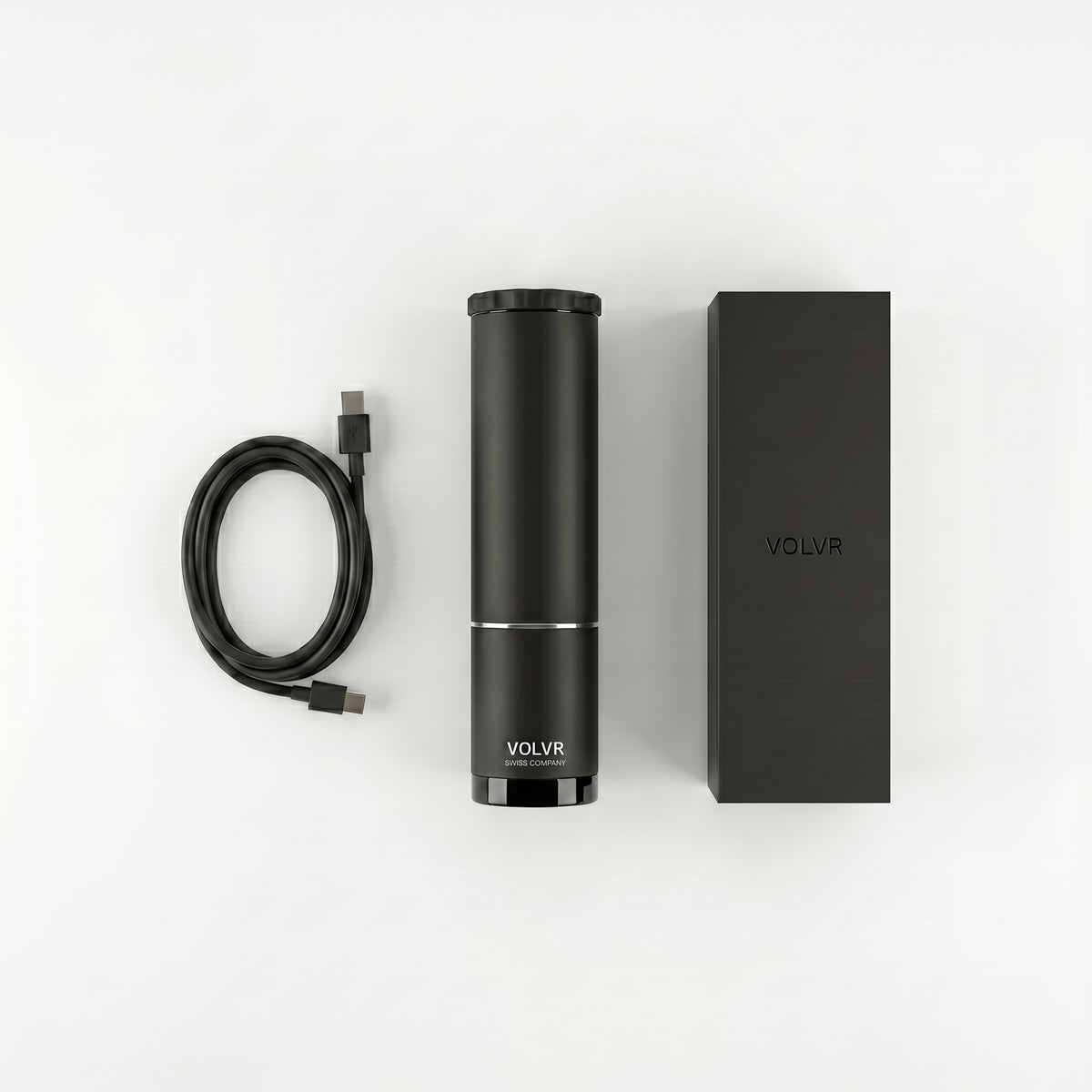 Contenu du colis VOLV'AIR : le pressurisateur, son câble USB-C et son coffret noir