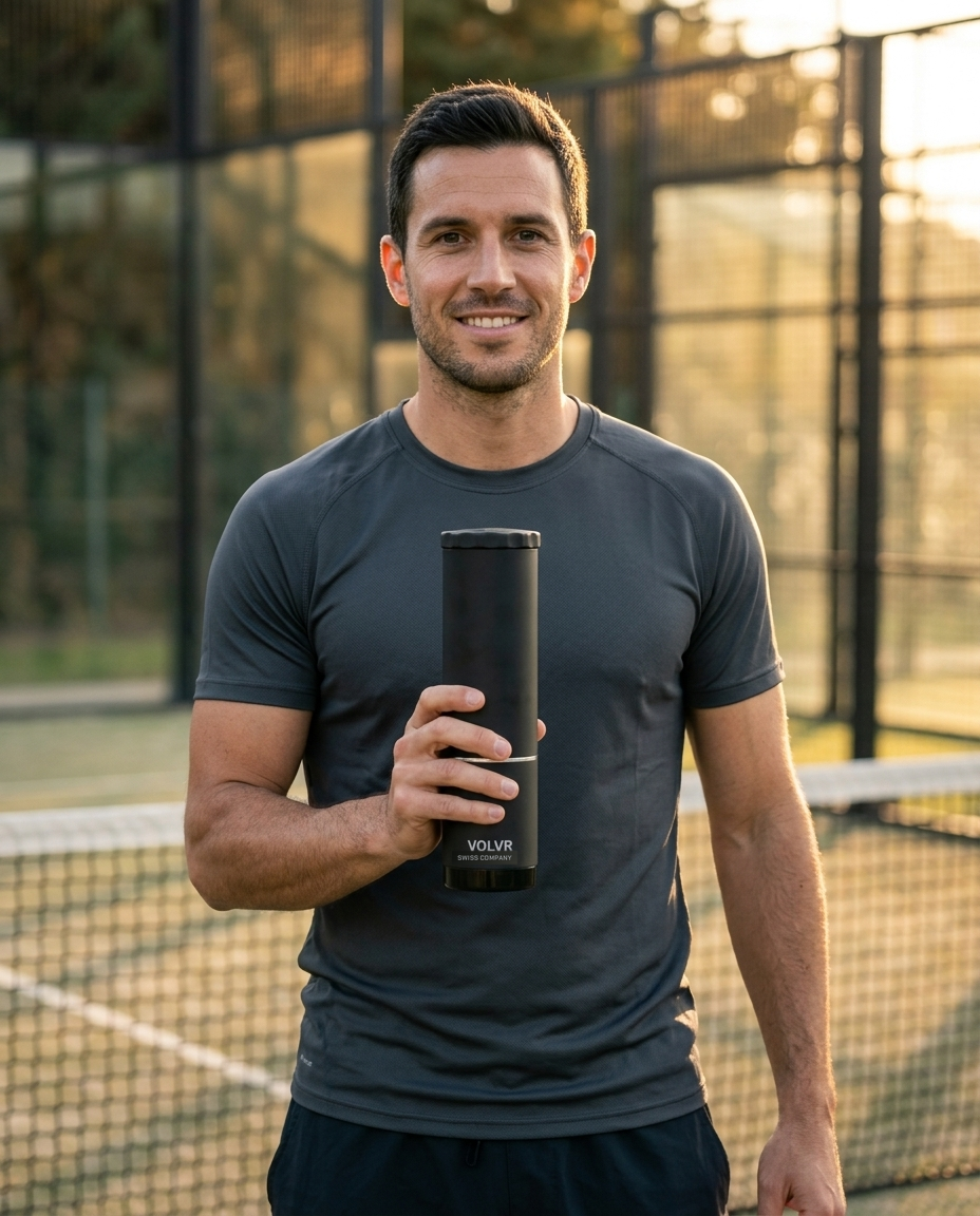 Joueur de padel en t-shirt tenant le pressurisateur VOLV'AIR sur un court extérieur